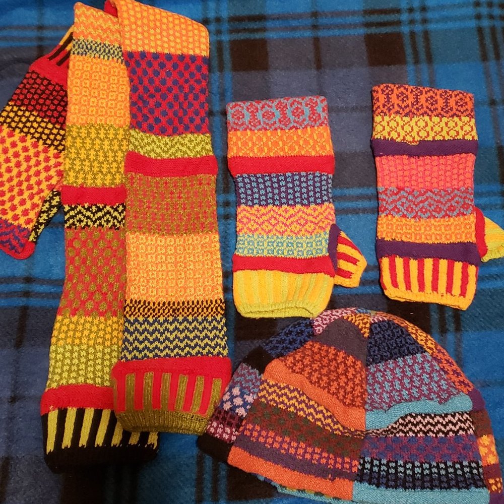 Winter Set, 4 pcs Handmade,  gloves, hat, scarf, Multi-colored, Multi-patterned